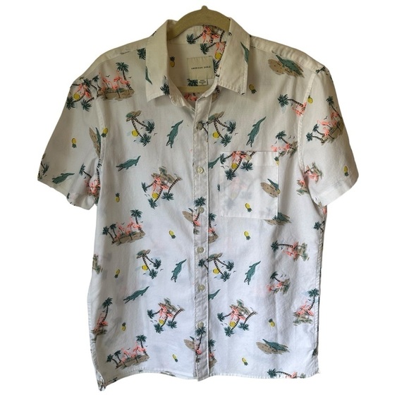 American Eagle Outfitters Other - American Eagle Tropical Beach Flamingo Print White Short Sleeve Button Down M